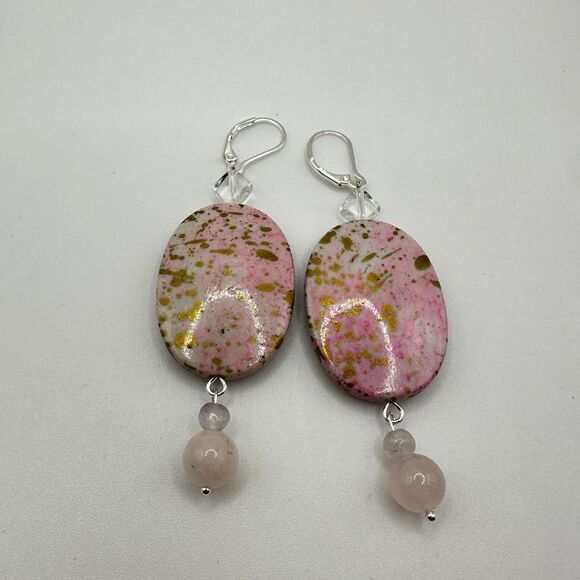 SALE 3" dangle earrings with painted acrylic beads, rose quartz and glass beads! - Picture 2 of 11